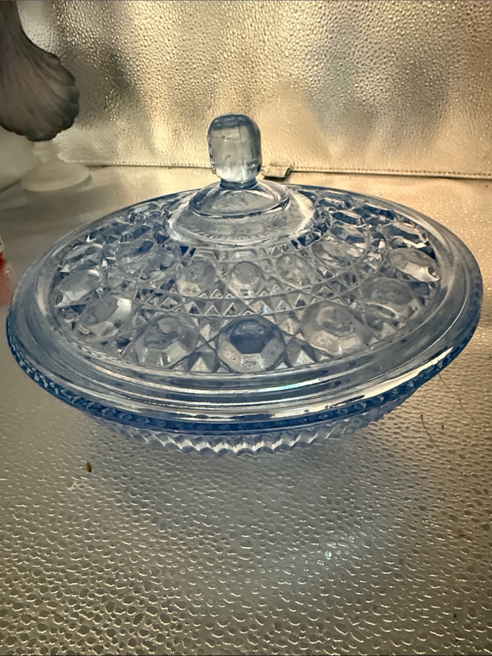 Vintage Indiana Glass Blue Pressed Glass Covered Candy Dish
